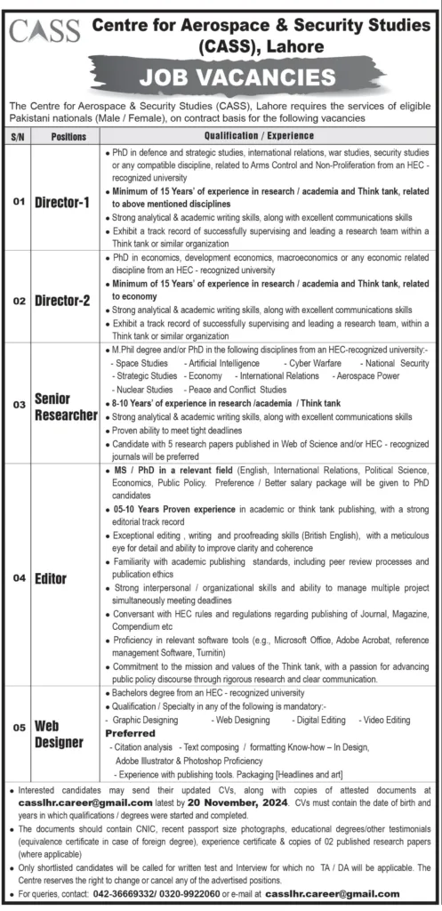 Centre For Aerospace & Security Studies CASS Jobs Lahore 2024