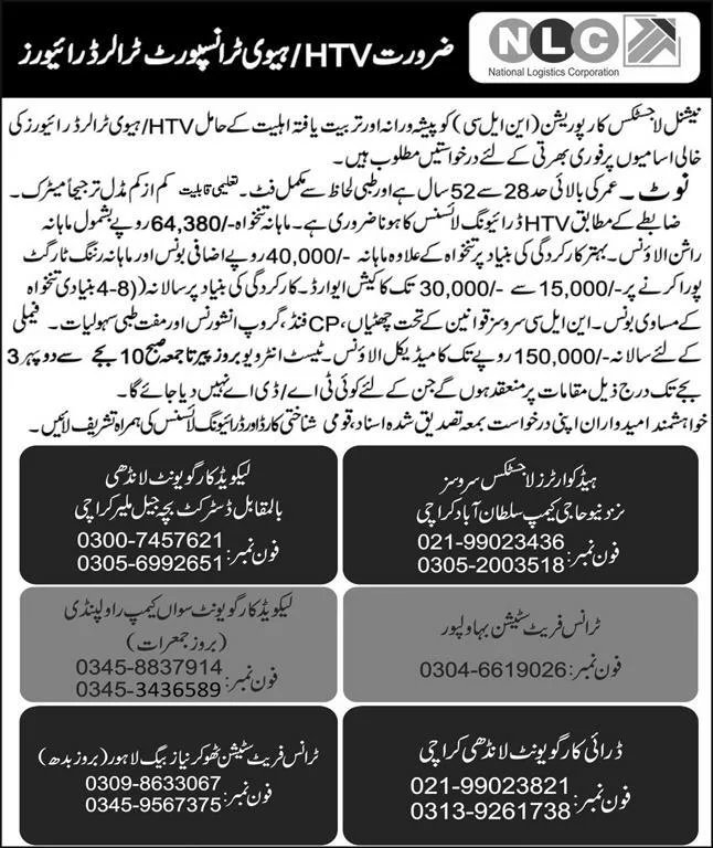 National Logistics Corporation NLC Jobs Karachi 2024