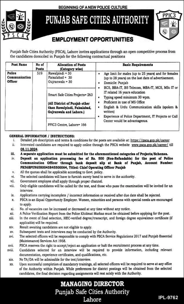 Punjab Safe Cities Authority PSCA Lahore Jobs 2024