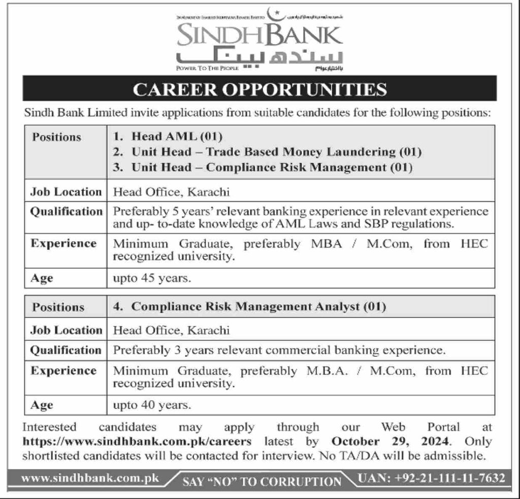 Sindh Bank Compliance Risk Management Jobs 2024