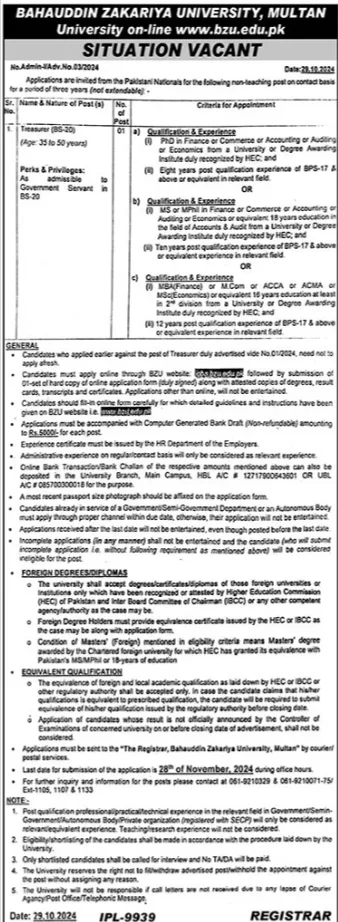 Bahauddin Zakariya University Multan BZU Jobs Multan 2024