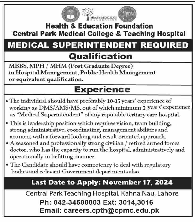 Central Park Teaching Hospital Lahore Jobs 2024