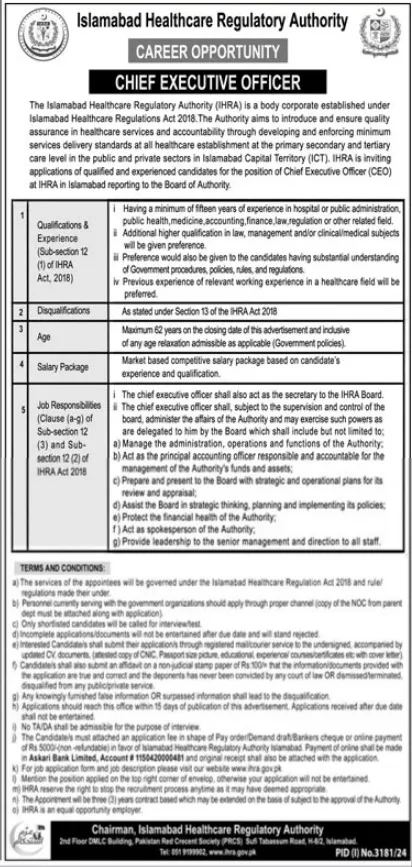 Islamabad Healthcare Regulatory Authority Jobs 2024
