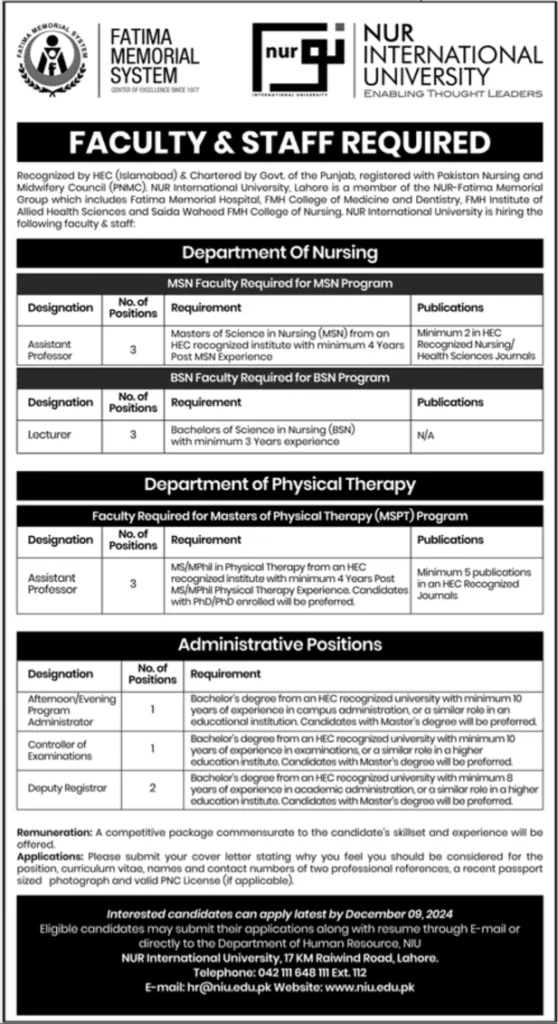 NUR International University Jobs Lahore 2024