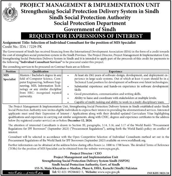 Sindh Social Protection Authority SSPA Karachi Jobs 2024