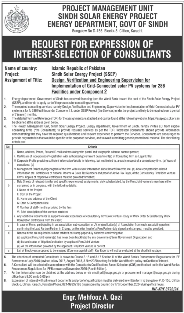 Sindh Solar Energy Project Energy Department Jobs 2024