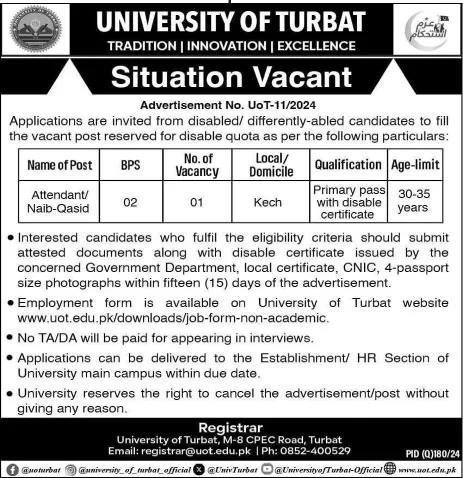 University of Turbat Jobs Turbat 2024