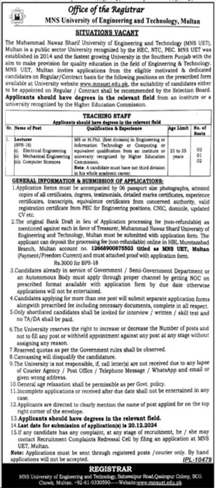 Teaching Jobs At MNS University Of Engineering