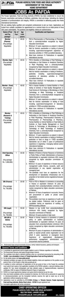 Punjab Agriculture Food & Drug Authority PAFDA Jobs 2024
