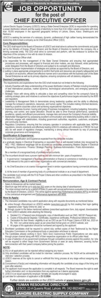 Job Opportunity At Lahore Electric Supply Company LESCO