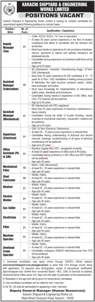 Job Openings At Karachi Shipyard And Engineering Works