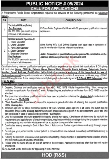 Public Sector Organization Islamabad Jobs 2024