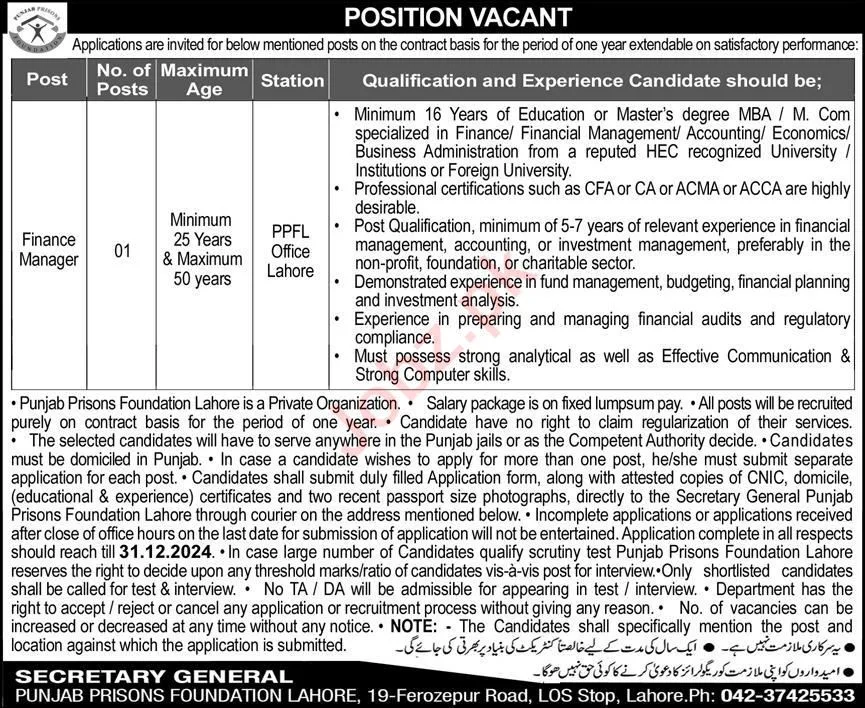 Finance Manager Jobs In Punjab Prisons Foundation