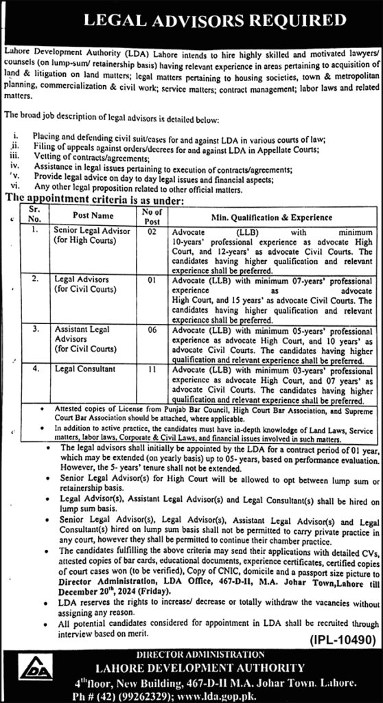 Jobs Announcement At Lahore Development Authority LDA