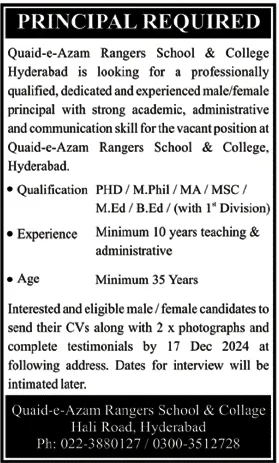 Job Position At Quaid E Azam Rangers School & College