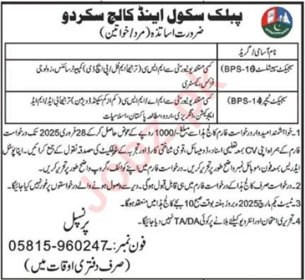 Public School And College Skardu Jobs 2024