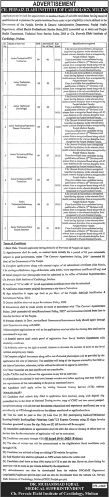 Jobs Vacant At Ch Perviaz Elahi Institute Of Cardiology