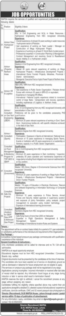 Job Positions At Water And Power Development Authority WAPDA