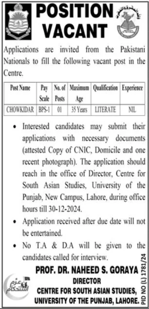 Chowkidar Jobs At University Of Punjab