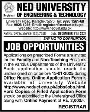 NED University Of Engineering And Technology Karachi Jobs 2025